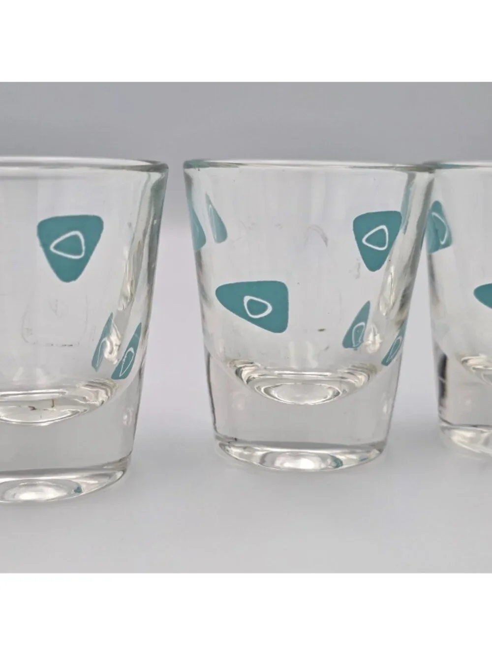 Set Of 3 MCM Clear Shot Glasses With Teal Mid-Century Modern Pattern Design